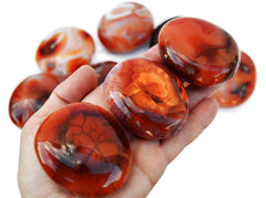 Three carnelian palm stones 40mm-70mm on hand with background with some stones on white