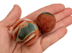 Two polychrome jasper crystal spheres 40mm - 25mm on hand