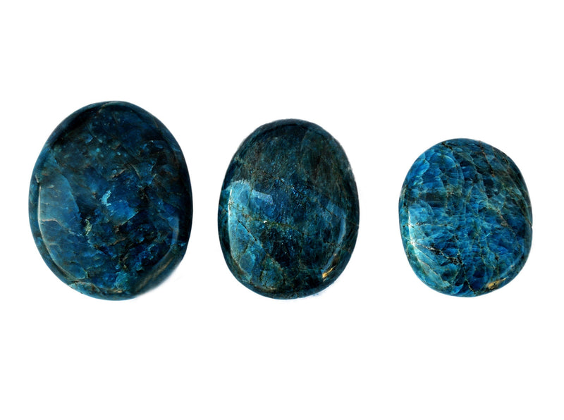 Three blue apatite palm stones 40mm-70mm on white background