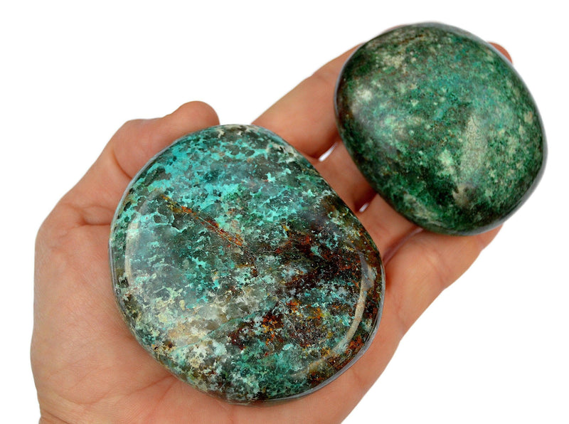 Two large chrysocolla palm stones 75mm-40mm on hand 