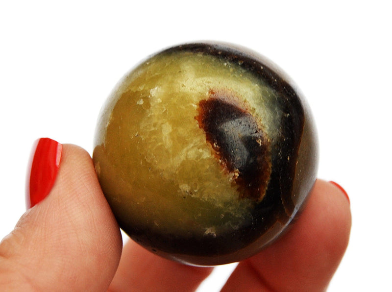 One yellow septarian crystal sphere 30mm on hand