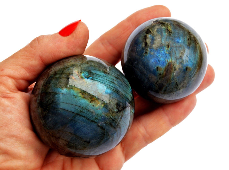 Two blue labradorite spheres 45mm-60mm on hand with white background