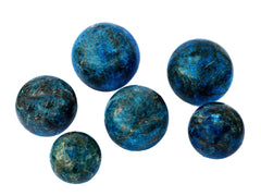 Six large blue apatite crystal spheres 70mm - 95mm on white background