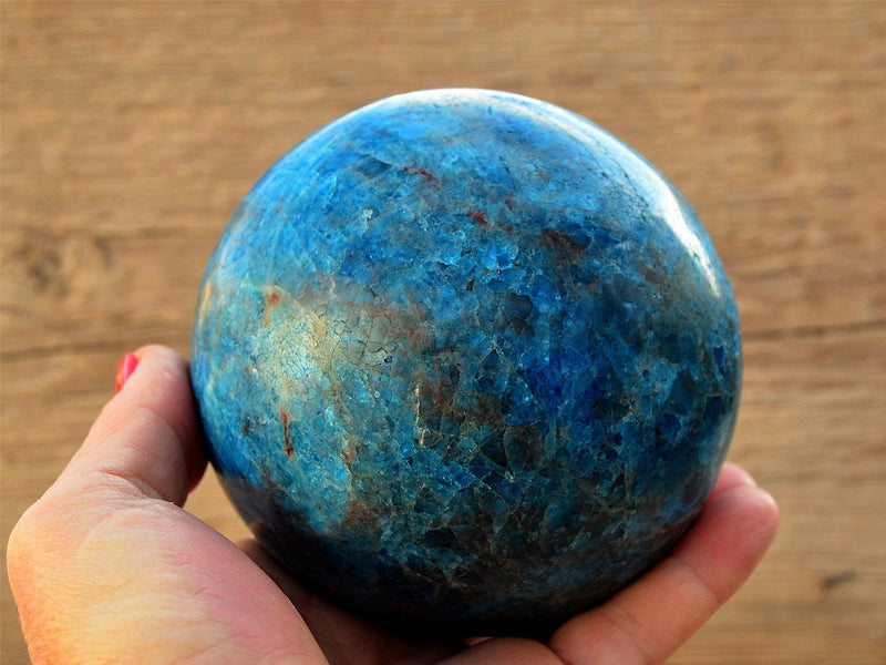 One large blue apatite sphere 95mm on hand wiith wood background