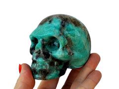 Green amazonite mineral skull carving 70mm on hand