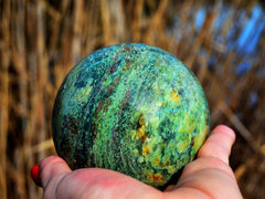 Big chrysocolla sphere 70mm on hand with baackground with river cane plants