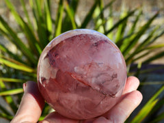 One large fire quartz crystal sphere 90mm on hand with background with green plants