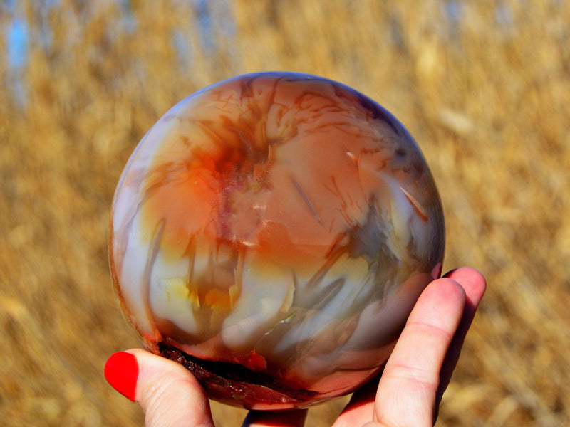 One big carnelian crystal sphere 100mm on hand with straw landscape background
