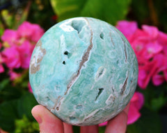 Large druzy blue aragonite sphere 80mm on hand with background with pink flowers and green plants