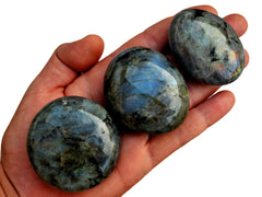 Three flash labradorite palm stones 75mm-40mm on hand
